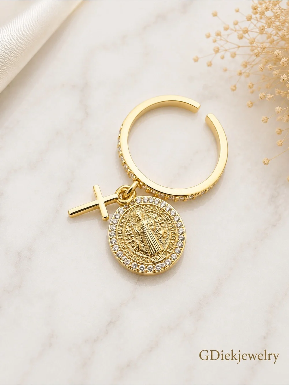Goldfilled  Saint Medal Cross Adjustable Ring